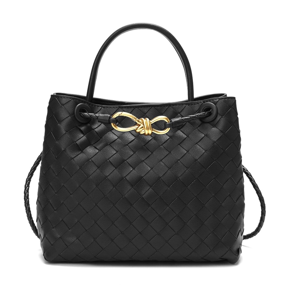 Tiffany & Fred Paris Woven Leather Top Handle Crossbody Satchel Bag - Black
